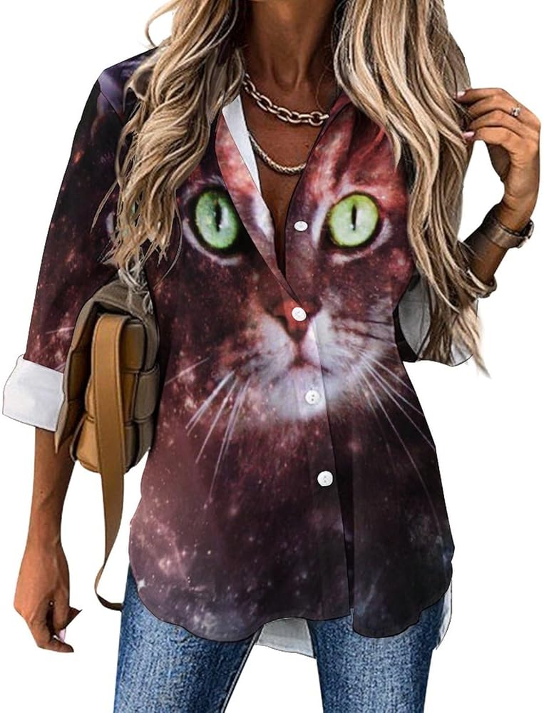 Fantasy Galaxy Cat Classic Shirts for Women Long Sleeve Blouse Casual V Neck Tee Tops Work Office