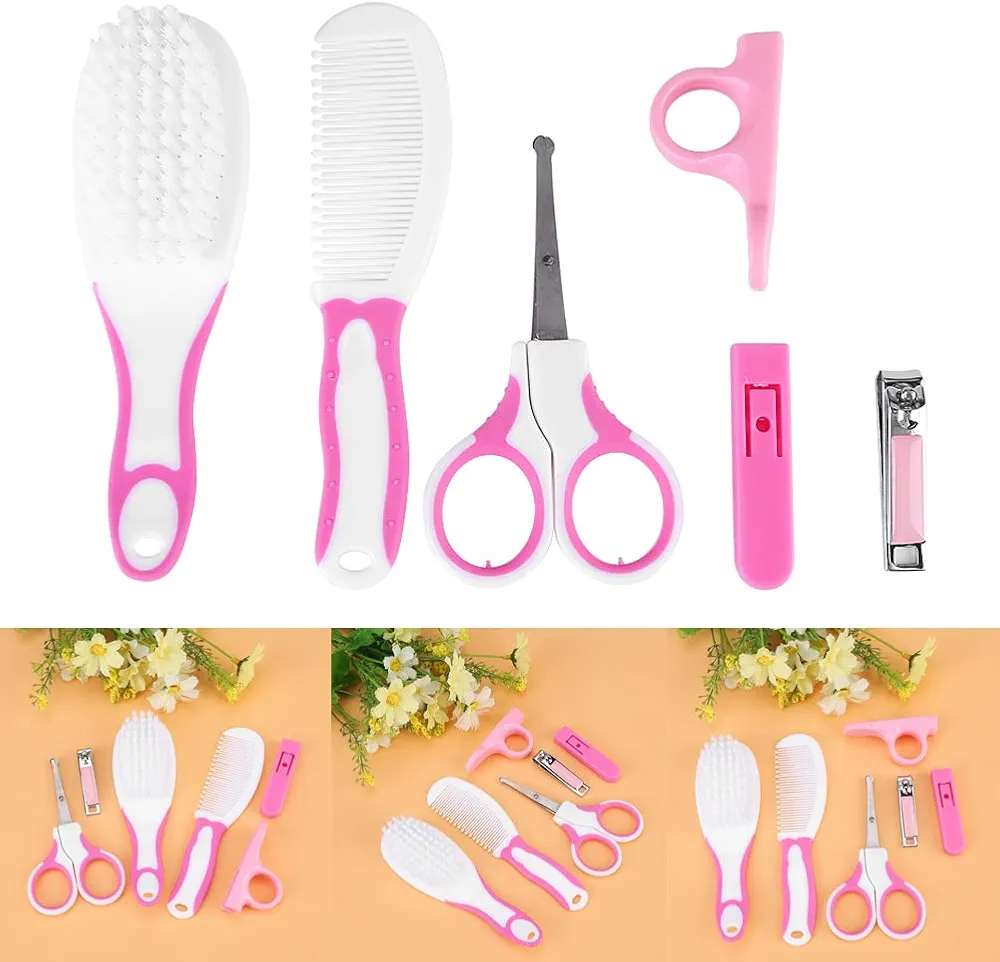 6pcs Kids Manicure Care Tool Kit, Baby Nail Clipper Scissors Hair Brush Comb Kit for Infant Care Baby Nail Trimmer Safe Baby Nail Clippers (Pink)