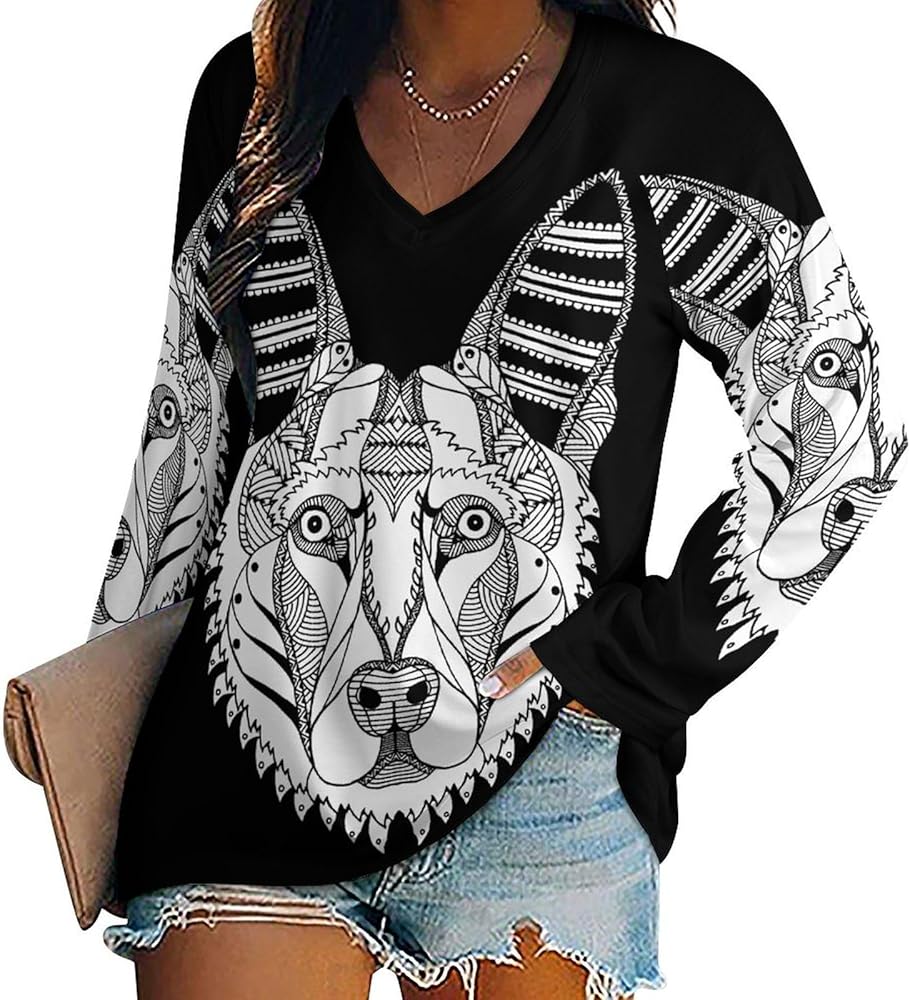 German Shepherd Dog Head Loose Womens Shirts Long Sleeve Tees Tops Casual V-Neck Graphic Blouses