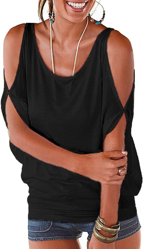 RANPHEE Womens Summer Cold Shoulder Tops Casual Scoop Neck Loose Fit T Shirt