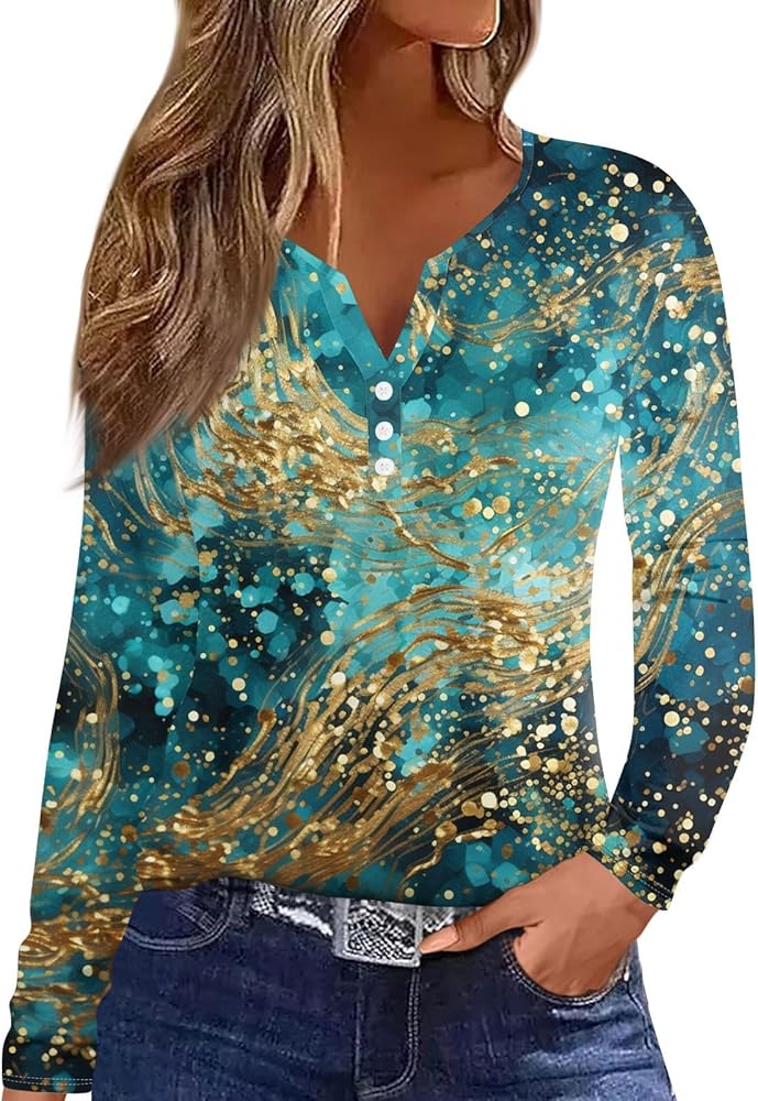 Womens Tops Dressy Casual Long Sleeve Shirts V Neck Button Trendy Clothing Henley Floral Print Loose Tunics