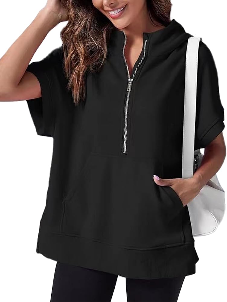 Womens Half Zip Up Hoodies Short Sleeve Casual Sweatshirts Loose Pullover Tops with Pockets