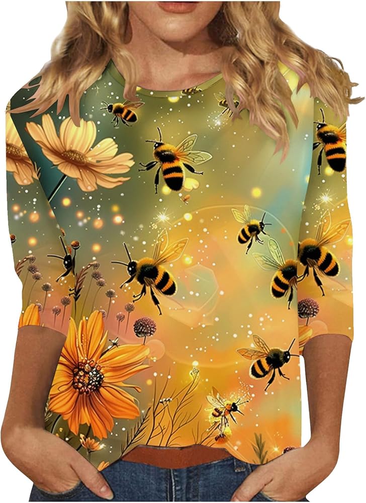 Bee Festival Shirt for Women Aesthetic Honey Bee Floral Print 3/4 Sleeve Tops Funny Casual Plus Size Crewneck Blouses