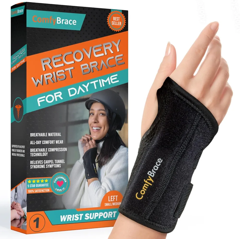 ComfyBrace Copper Infused Wrist Brace/Hand Brace/Wrist Support for Carpal Tunnel Syndrome, Arthritis, Tendonitis For Men and Women (Left Hand, Small/Medium)