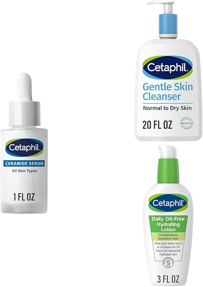 Cetaphil Ceramide Serum, Designed for Sensitive Skin, 1oz + Face Wash, Hydrating Gentle Skin Cleanser, 20oz, Daily Hydrating Lotion for Face, With Hyaluronic Acid, 3 fl oz, Bundle