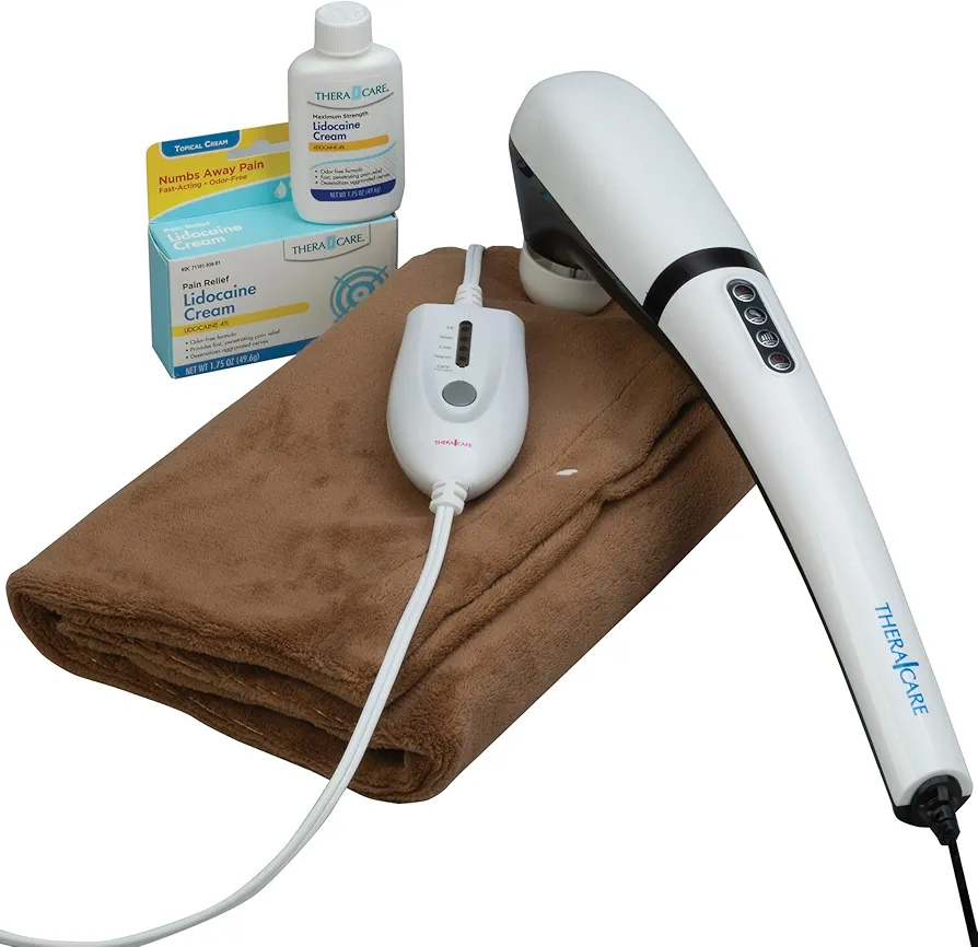 Pain Management Bundle 3-Piece | Personal Deep Tissue Massager | 4% Lidocaine Cream | Deluxe XL Moist Dry Heating Pad | Therapeutic Care at Home | Whole Family Care