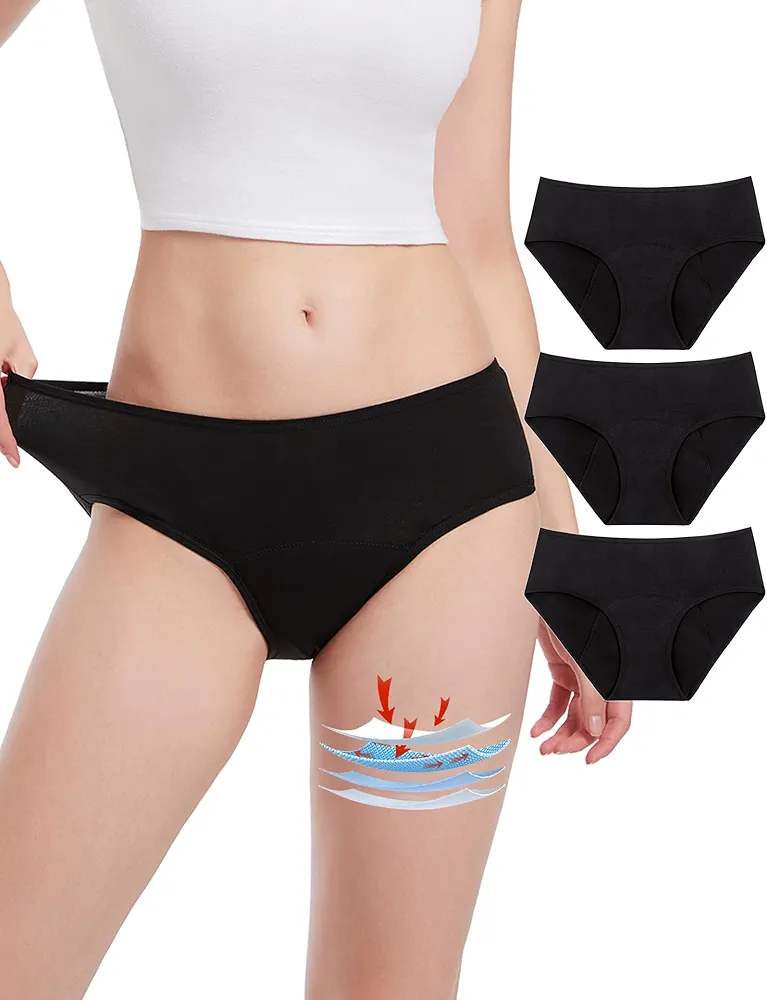 EcoPeriod Period Underwear for Women Heavy Flow Leakproof Menstrual Incontinence Underwear Period Panties for Teens(3 Pack Black,XS), X-Small