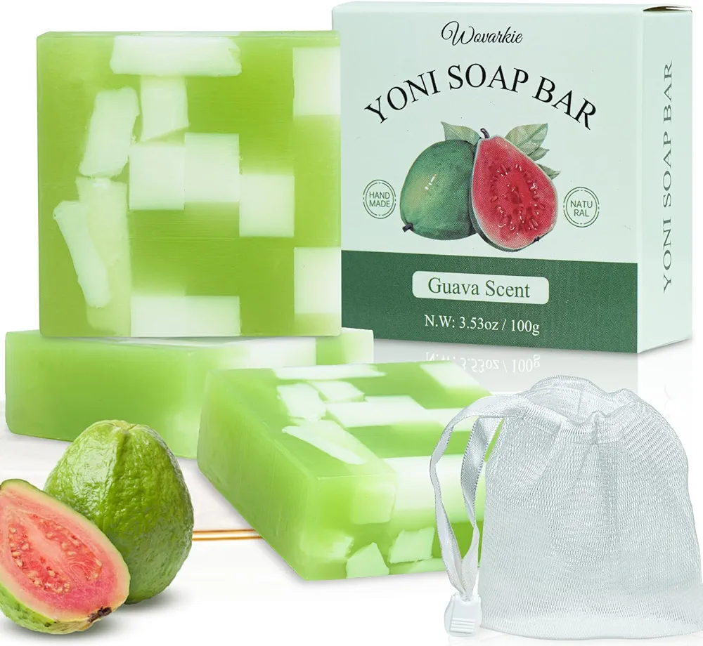 3 PCS Yoni Soap Bars for Women Ph Balance, Feminine Wash Vaginal Soap Yoni Wash Bar Eliminates Odor, Natural Feminine Care Handmade Yoni Bar Soap with Foaming Net(Guava)