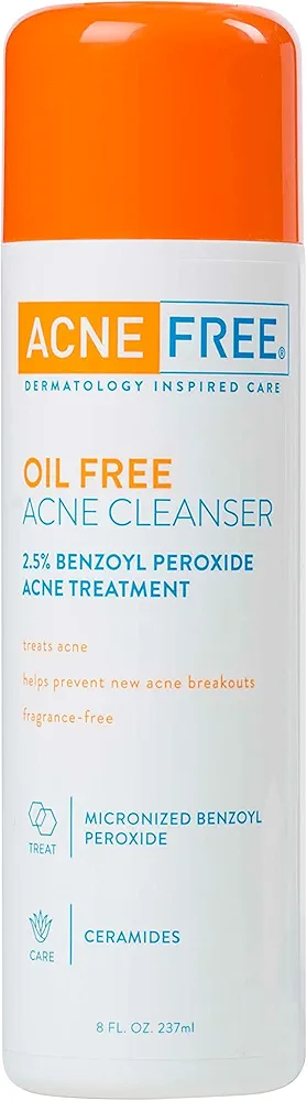 AcneFree Acne Free Oil-Free Cleanser, Benzoyl Peroxide 2.5% with Glycolic Acid to Prevent and Treat Breakouts Unscented, 8 Fl Oz