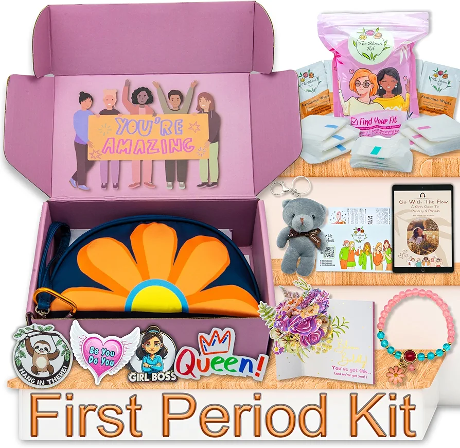 The Bloom First Period Kit for Girls 9-12 - 30 PC Period Starter Kit for Tweens - School Emergency Kit for Teen Girls with Cute Little Bag for Period Kit - First Period Gift Box - BLUE