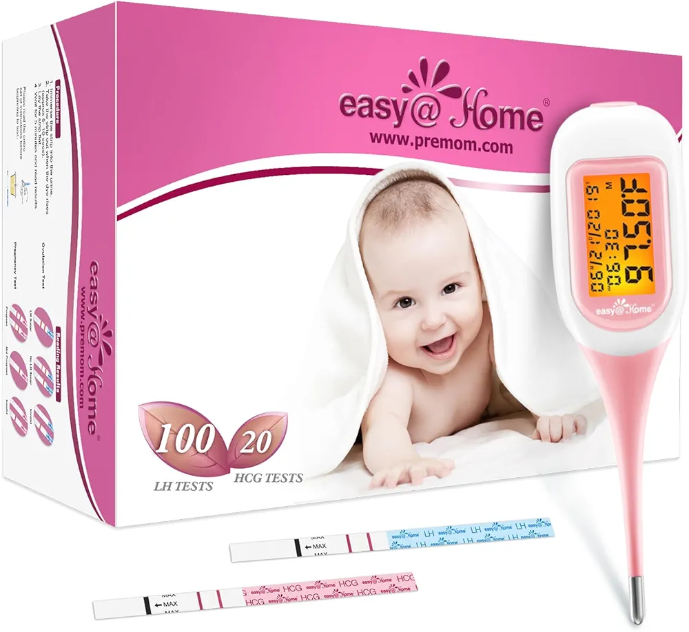 Easy@Home 100 Ovulation & 20 Pregnancy Strips + Smart Basal Thermometer, Large Screen and Backlit