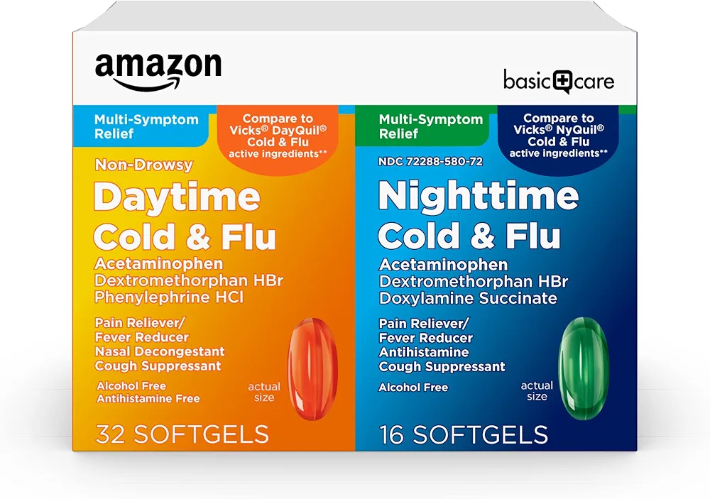 Amazon Basic Care Cold and Flu Relief, Daytime and Nighttime Combo Pack Softgels, Powerful Cold Medicine for Day and Night Multi-Symptom Relief, 48 Count(Pack of 1)