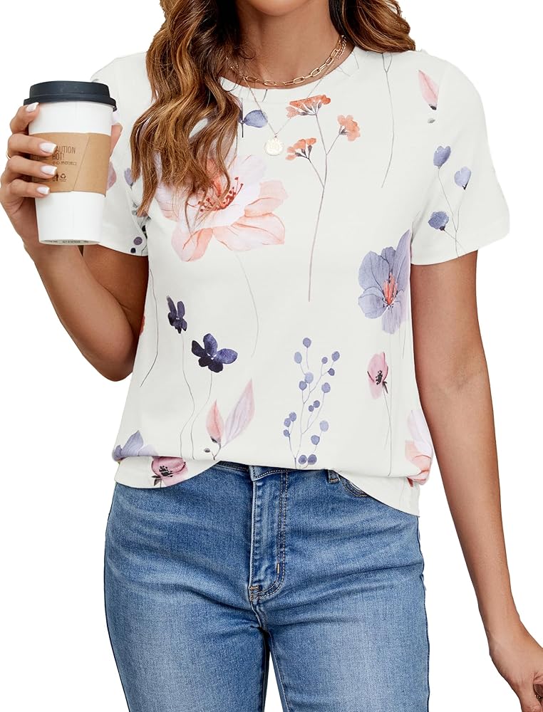 JUSTFASHIONNOW Womens Short Sleeve Floral Tops Summer Flower Printed T Shirt Casual Crewneck Tee Shirts