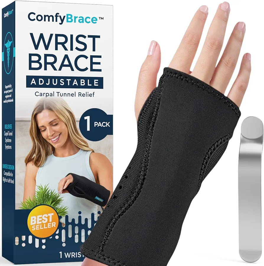 ComfyBrace Wrist Brace with Splint and Palm Cushion - Fits Both Hands - for Support, Carpal Tunnel, Tendonitis, Wrist Injury, and Pain (Pack of 1)