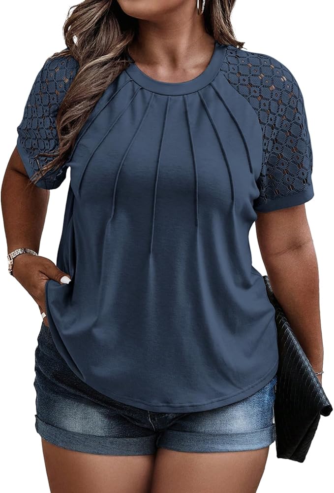 Eytino Plus Size Tops for Women Summer Lace Short Sleeve Crewneck Loose Casual Blouse Tunic T Shirts(1X-5X)