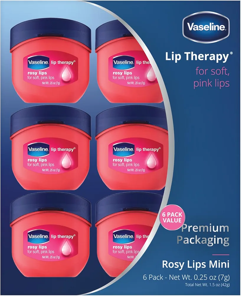 Vaseline Lip Therapy Rosy Lips Mini, Pure Petroleum Jelly, Advanced Moisture, Light Rose Fragrance, Sheer Pink Tint on Lips, Mini Vaseline Petroleum Jelly, Soft Vaseline Lips (Pack of 6-0.25 Oz Ea)