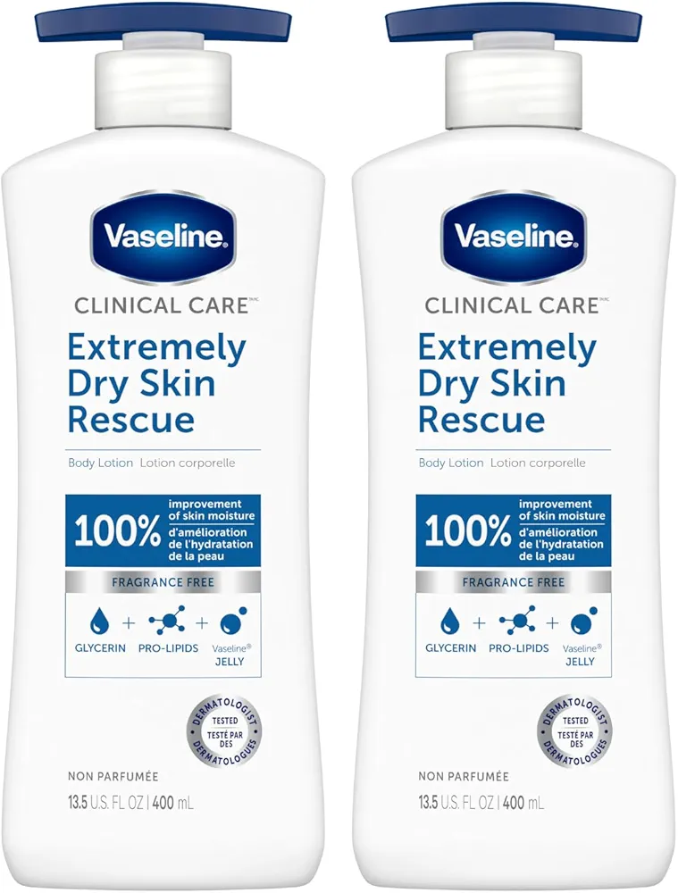 Vaseline Lotion for Dry Skin - Clinical Care, Extremely Dry Skin Rescue, Body Moisturizer, Fast-Absorbing Body Lotion for Women and Men with Glycerin, Hydrating Lipids, 13.5 Oz Ea (Pack of 2)