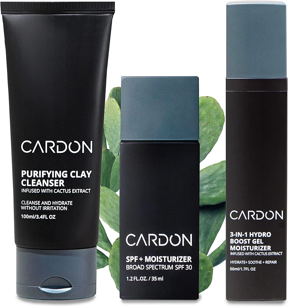 Cardon Cactus-Based Men's Skincare Set | Premium Korean Skincare for Sensitive Skin and Oily Skin | Water-based Face Moisturizer with SPF 30, Gentle Face Wash, Repairing Night Cream with Vitamin E