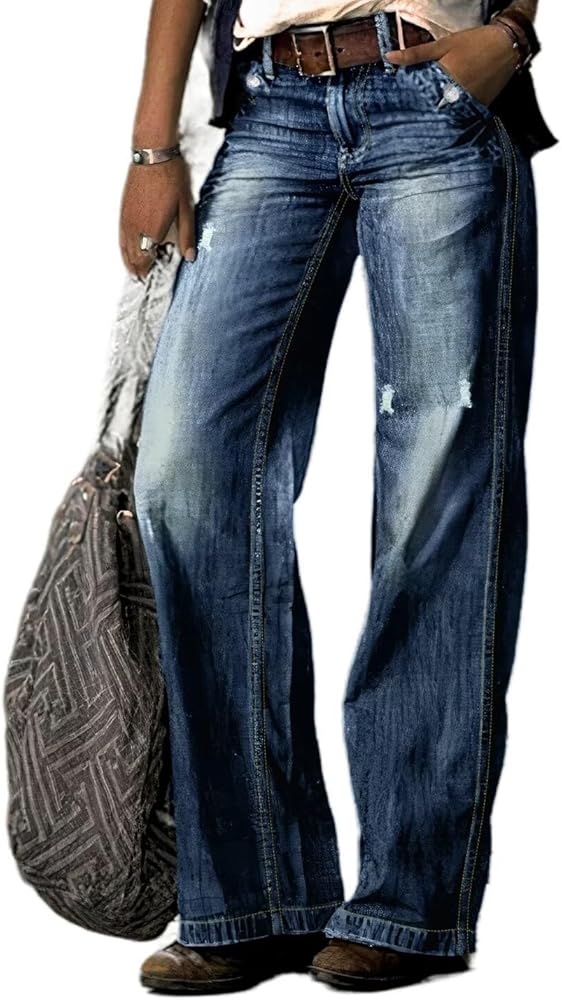 Flamingals Straight Leg Jeans for Women Ripped Raw Hem Mid Waisted Bootcut Jeans Without Belts