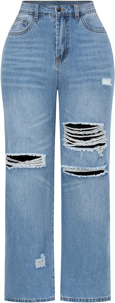 THUNDER STAR Womens High Waisted Wide Leg Jeans Stretchy Distressed Denim Pants