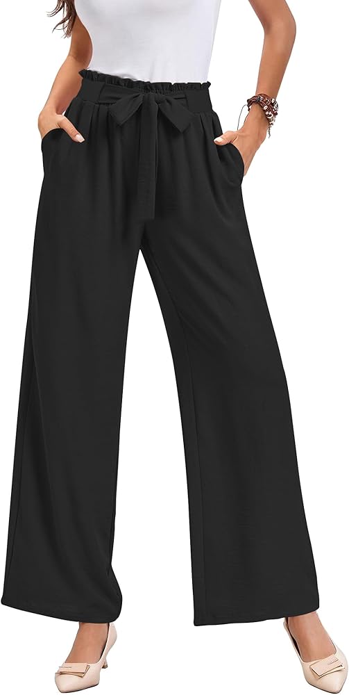 Buauty Wide Leg Palazzo Pants Woman with Pockets High Waist Pant Adjustable Knot Loose Trousers Business Casual Work Pants