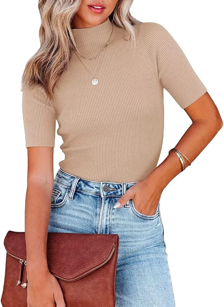 Womens Short Sleeve Shirt Turtleneck T Shirts Slim Fit Basic Tops Rib Knitted Stretch Pullover Sweater