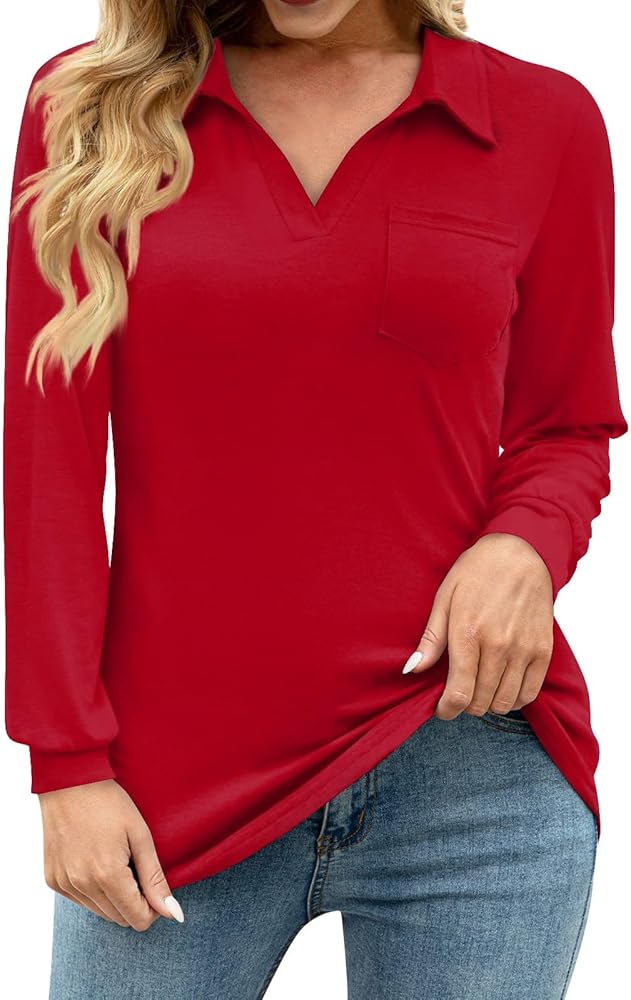 Womens Solid Color V Neck Tunic for Legging with Pocket Long Sleeve Tops Collared Loose Fit Soft Casual Shirts