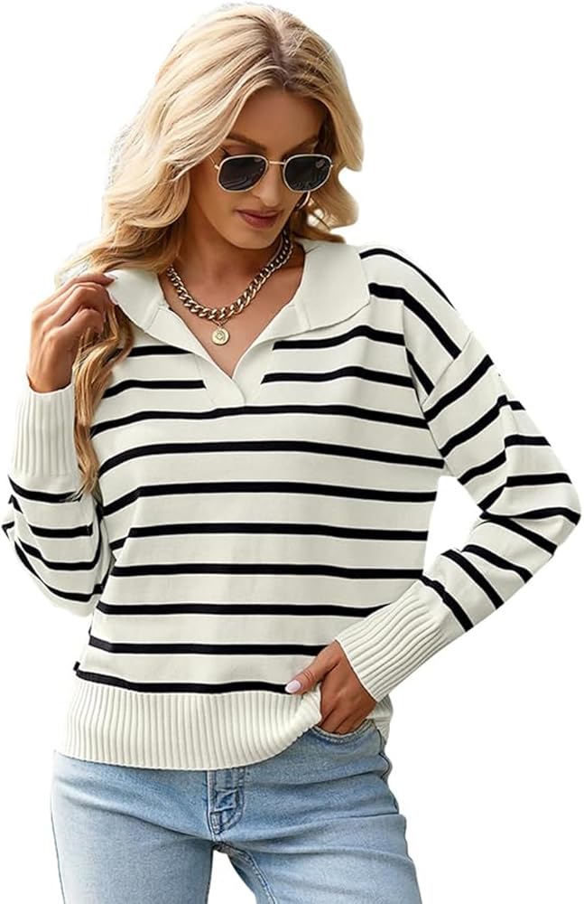 Women's Lightweight Striped Loose Sweater Polo V Neck Knitted Lapel Shirt Casual Color Block Top with Cream Background