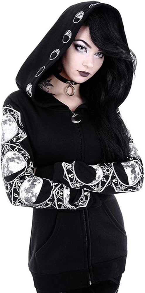 Women Gothic Zip Up Oversized Moon Hoodie Sweatshirt Long Sleeve Coat Punk Jacket with Pockets