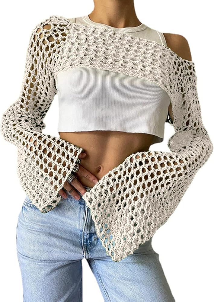 Women's Mesh Crochet Crop Tops Shrugs Sexy Y2k Hollow Out Cropped Knit Sweater See Through Bikini Cover Ups