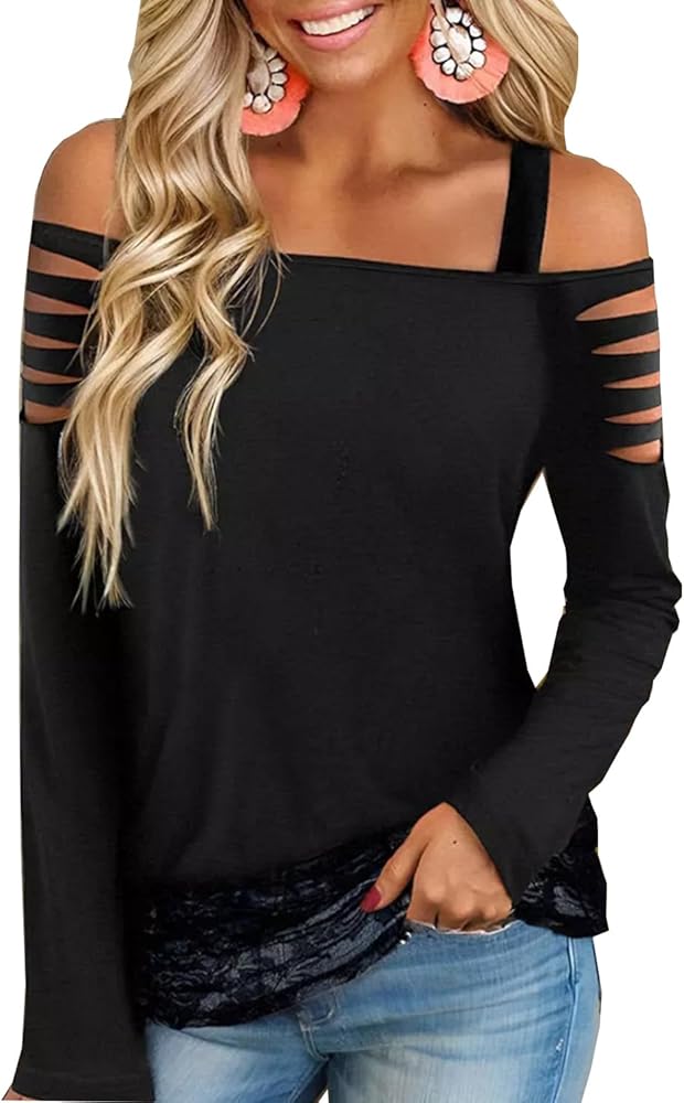 Lace Splicing Cut Out Cold Shoulder Shirt Women Sexy Cut Out Hollow Out Long Sleeve Blouse Fall Casual Tops Tees