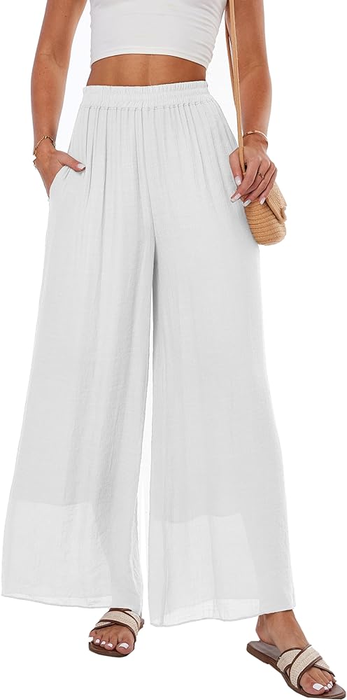 heipeiwa Women's Summer Linen Pants Double Layers Casual Wide Leg Palazzo Pants Beach Dress Loose Linen Culottes Pant