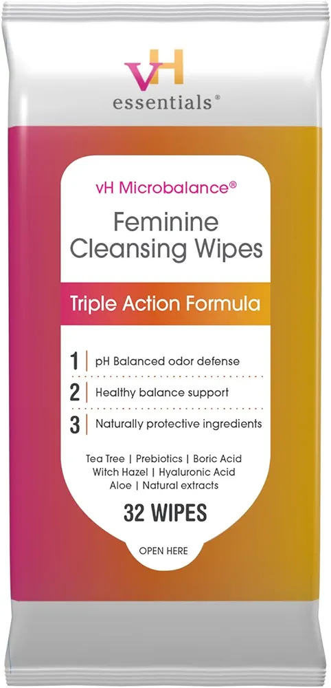 vH essentials Feminine Cleansing Wipes - pH Balanced, Prebiotics, Tea Tree & Aloe, Soothing Witch Hazel, Odor-Blocking Formula, Vaginal and Perianal Care, Paraben, Alcohol, and Fragrance-Free