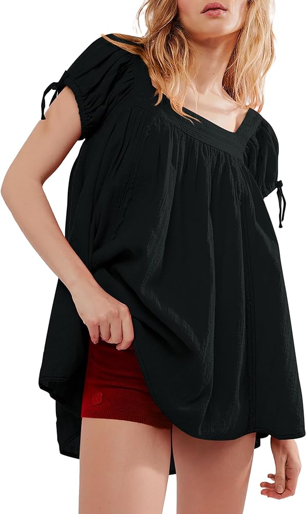 Women's Square Neck Short Sleeve Blouse Tops Pleated Flowy Tunic T-Shirt Blouses Casual Tie Up Puffy Babydoll Tops