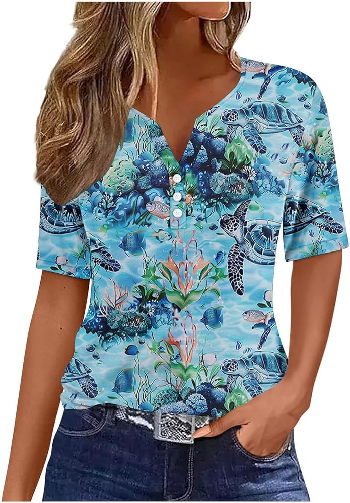 Summer Tops for Women Short Sleeve Button V Neck Tshirts Dressy Casual Blouses Loose Fit Sea Turtle Graphic Tees