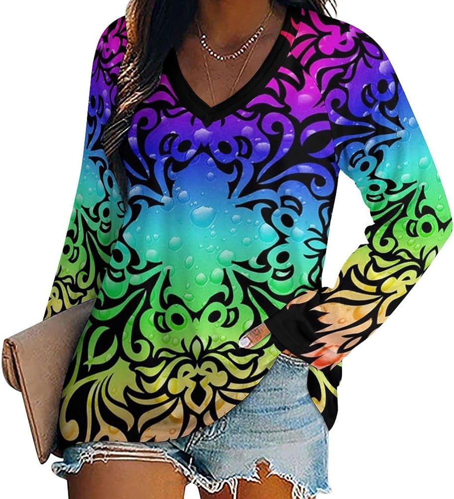 Colorful Ethnic Flowers Loose Womens Shirts Long Sleeve Tees Tops Casual V-Neck Graphic Blouses