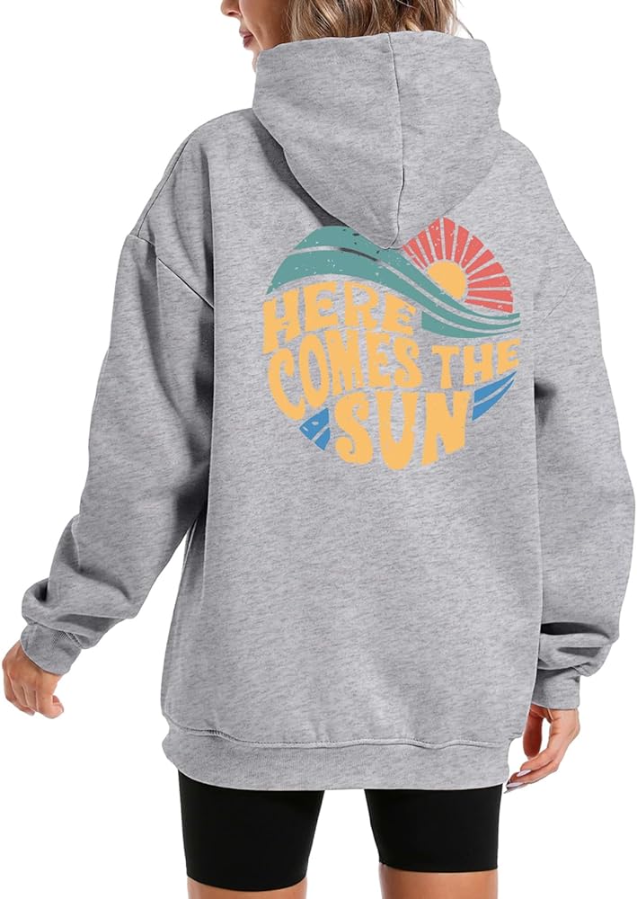 Tuislay Oversized Hoodies for Women Sunset Letter Slogan Graphic Beachy Sweatshirt Aesthetic Teen Fleece Hooded Pullover