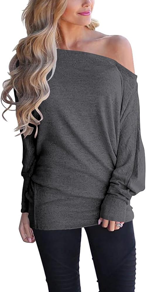 Poetsky Women's Off Shoulder Long Sleeve Tunic Tops Loose Casual Oversized Shirts Blouses