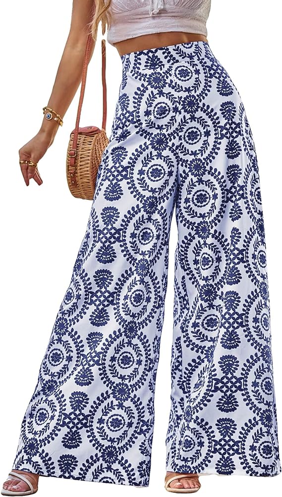 SOLY HUX Women's High Waist Print Wide Leg Pants Boho Loose Casual Long Palazzo Fit Pants Trousers