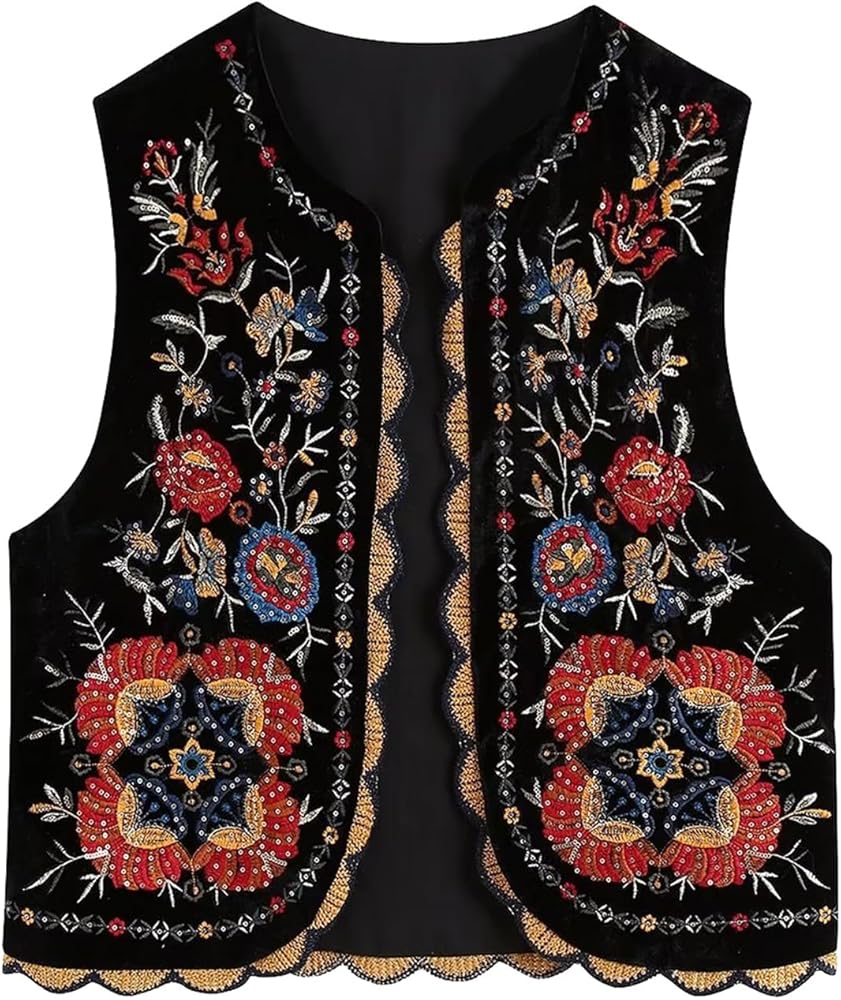 hathne Floral Embroidered Vest for Women Boho Vintage Sleeveless Open Front Cardigan Shirt Waistcoat