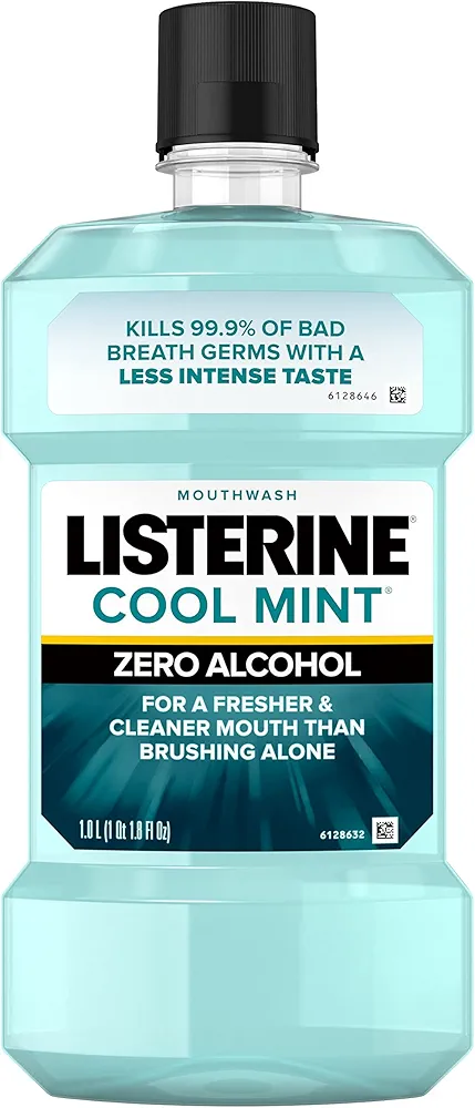 Listerine Zero Alcohol Mouthwash, Alcohol-Free Oral Rinse to Kill 99% of Germs That Cause Bad Breath for Fresh Breath & Clean Mouth, Less Intense Taste, Cool Mint Flavor, 1 L