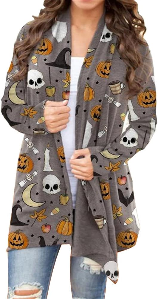 BOUTIKOME Women's Halloween Cat Pumpkin Cardigan Long Sleeve Open Front Knit Outwear Coat Plus Size Knitting Sweater Top