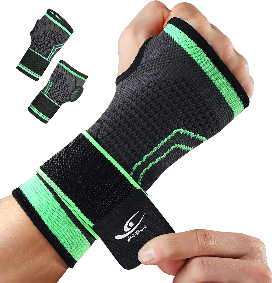 HiRui 2-Pack Wrist Brace Wrist Wraps, Hand Compression Sleeves with Wrist Straps Support for Fitness Weightlifting MTB Tendonitis Carpal Tunnel Arthritis Pain Relief (Green, Medium)