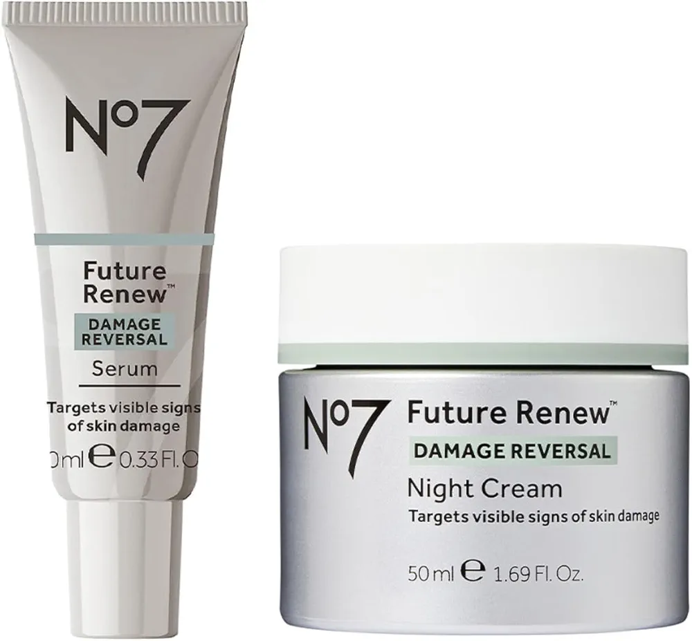 No7 Future Renew Renew Face Serum (0.33 Fl Oz) & Future Renew Night Cream (1.69 Fl Oz) Bundle - Peptide Technology to Reverse Visible Signs of Damaged Skin - 2-Piece Bundle