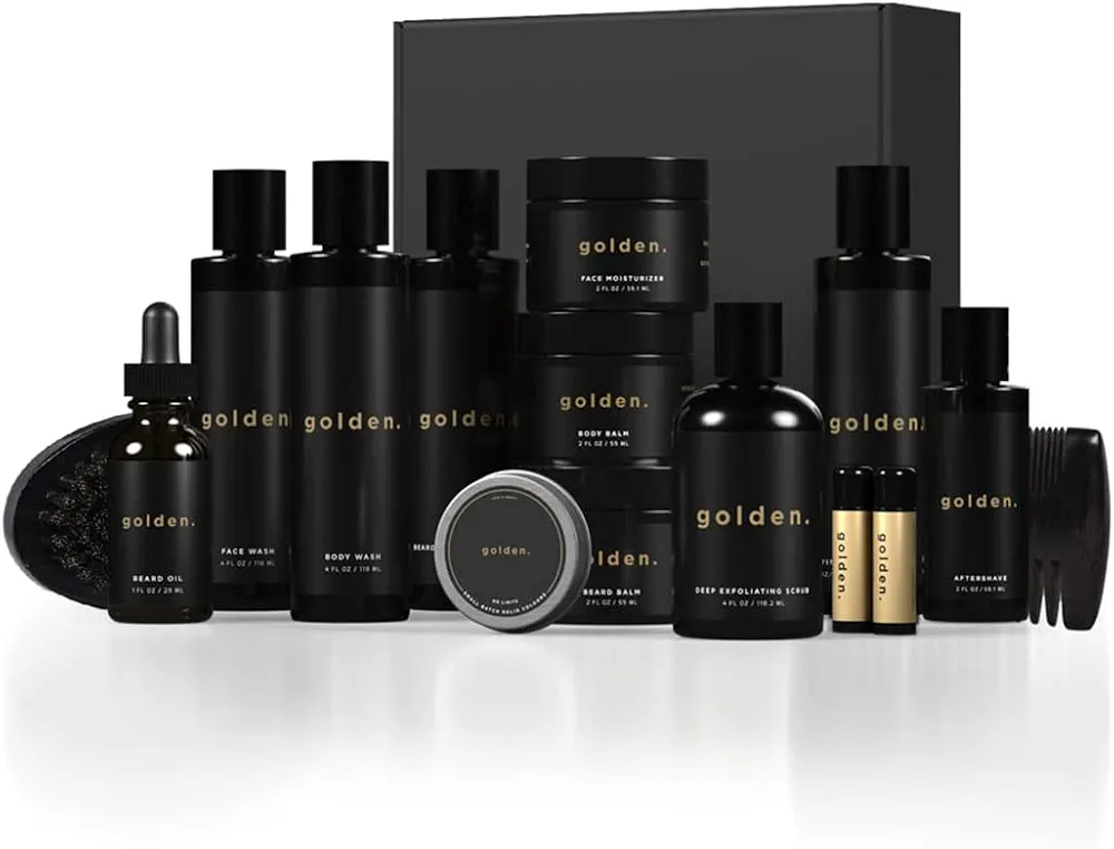 Golden Grooming Co. Complete Men's Grooming Gift Set - Beard Oil, Face & Body Wash, Shampoo, Balms, Moisturizer, Scrub & More