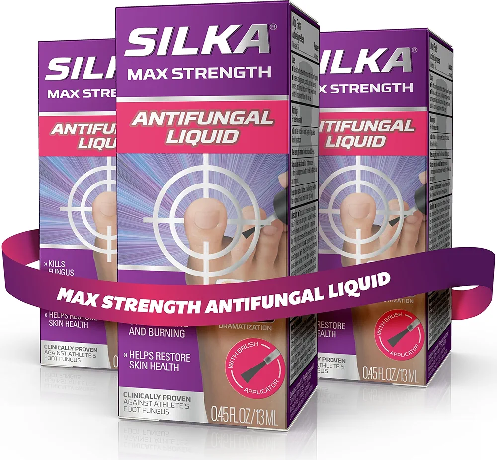 SILKA Max Strength Antifungal Liquid for Toenail Health, With Brush Applicator, Treats Fungus, Ringworm & Athlete’s Foot, Restores Appearance of Discolored Nail, Tolnaftate 1%, 0.45 Fl Oz, Pack of 3