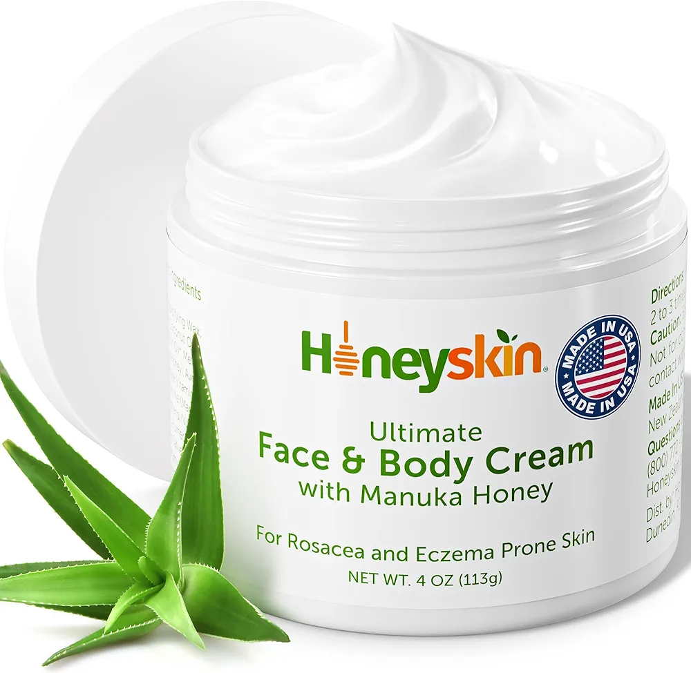 Hydrating Face Moisturizer & Body Cream with Manuka Honey Cream - Organic Face Moisturizer & Body Lotion for Extremely Dry Skin - For Dry & Itchy Skin, Rosacea & Eczema Prone Skin (Original, 4oz)