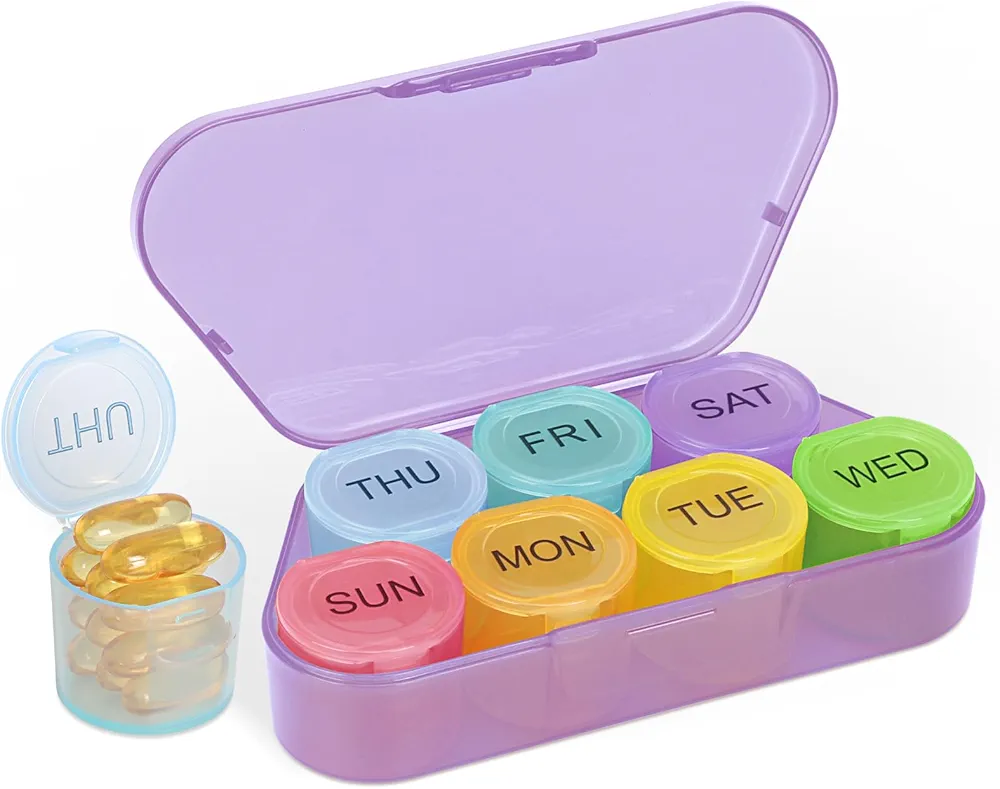 Weekly Pill Organizer, BPA Free Medicine Organizer Rainbow 7 Day Pill Box, Daily Portable Pill Conatainer for Pills/Vitamin/Fish Oil/Supplements [Lastest Version],Purple