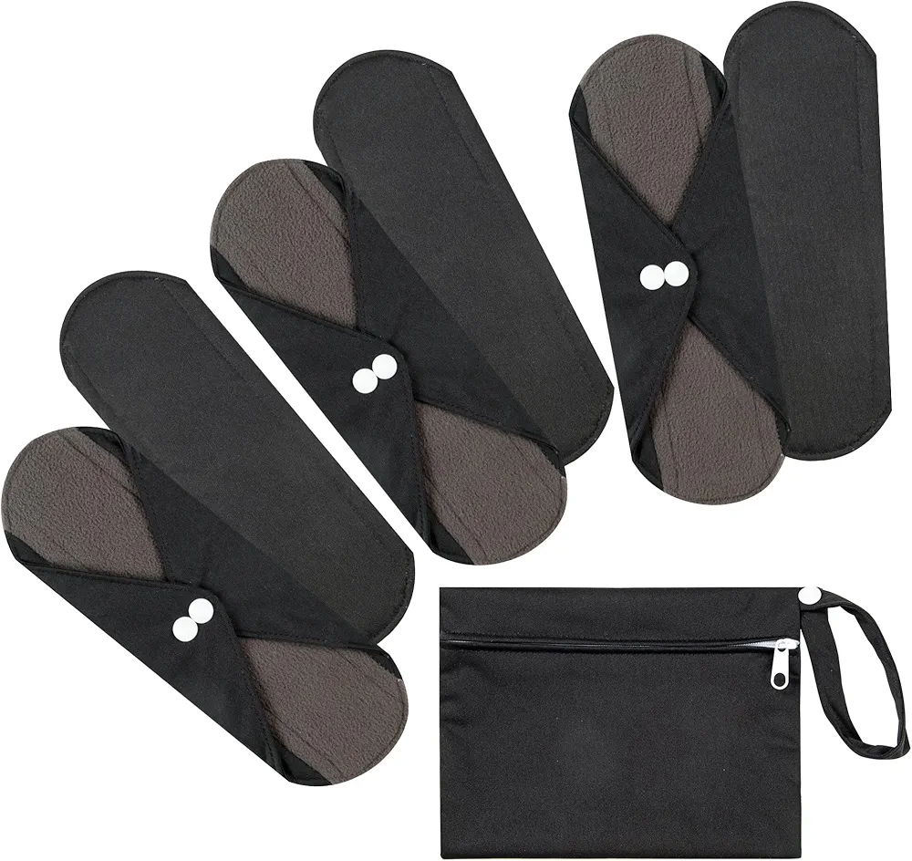 7pcs Set 1 pc Mini Wet Bag +6pcs Absorbent Reusable Sanitary Pads/Washable Cloth Menstrual Pads(Black,S)