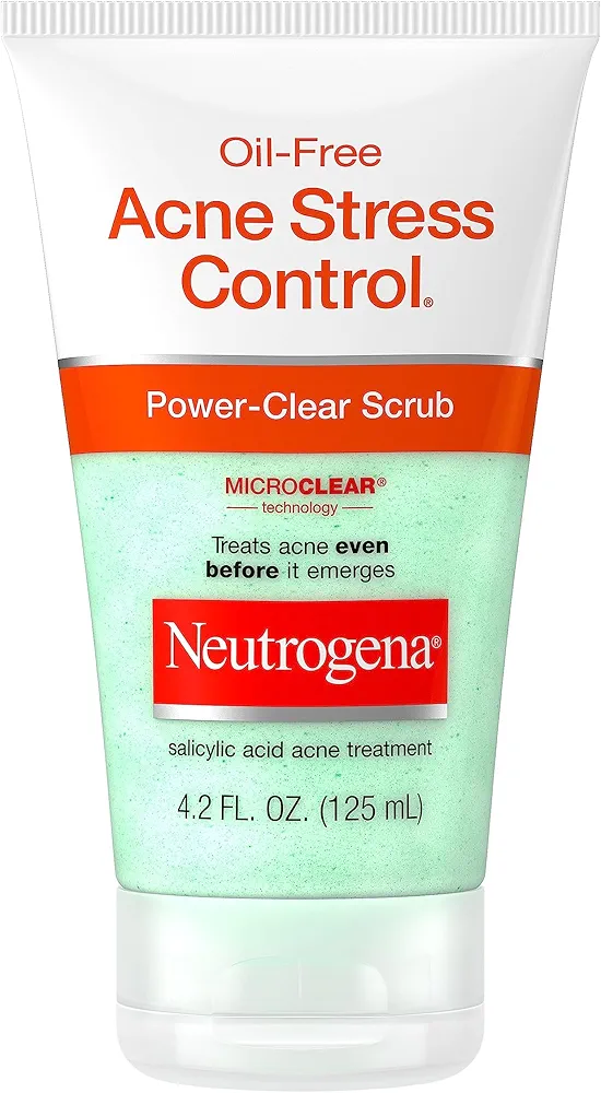 Neutrogena Oil-Free Acne Stress Control Power-Clear Facial Scrub, 2% Salicylic Acid Acne Treatment Medication, Exfoliating Daily Acne Face Scrub for Acne-Prone Skin Care, 4.2 fl. oz